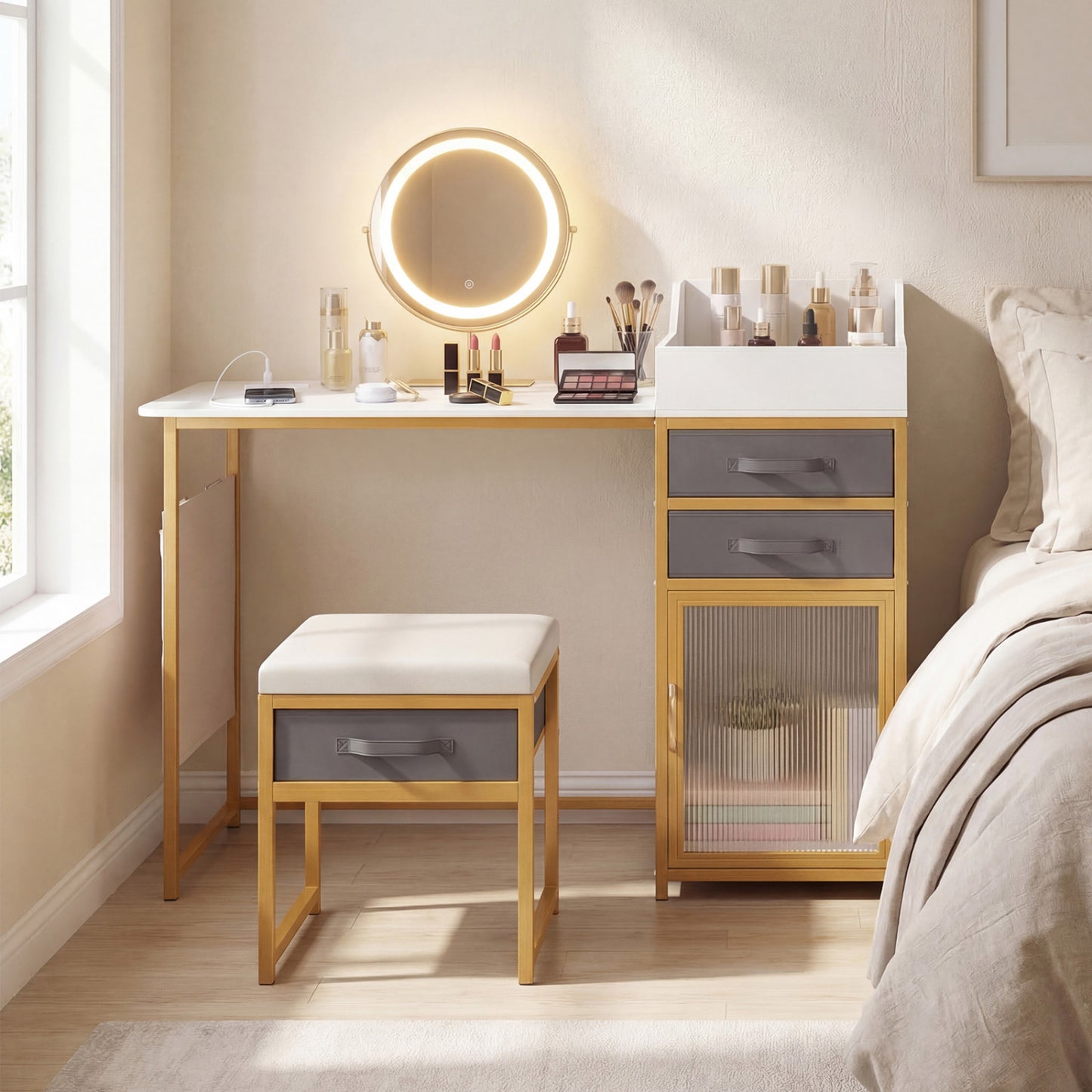 Vanity Desk with Rotatable Lighted Mirror 55 Inch Makeup Vanity Table, White Makeup Vanities at Gallery Canada