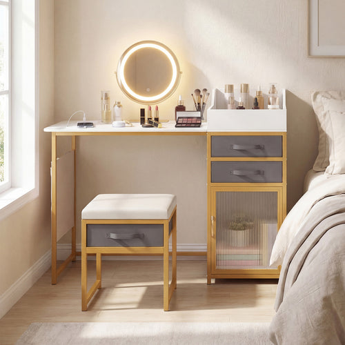 Vanity Desk with Rotatable Lighted Mirror 55 Inch Makeup Vanity Table, White