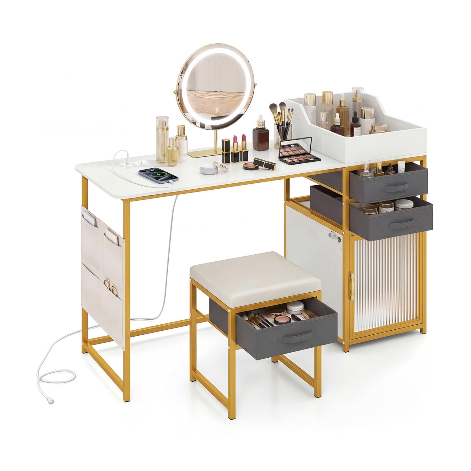 Vanity Desk with Rotatable Lighted Mirror 55 Inch Makeup Vanity Table, White Makeup Vanities White at Gallery Canada