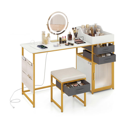 Vanity Desk with Rotatable Lighted Mirror 55 Inch Makeup Vanity Table, White