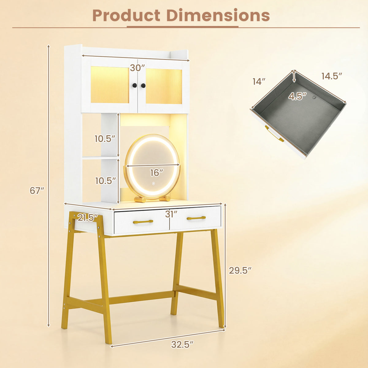 Coiffeuse Miroir Rotatif Lumières Table de Maquillage 3 Couleurs, Blanc