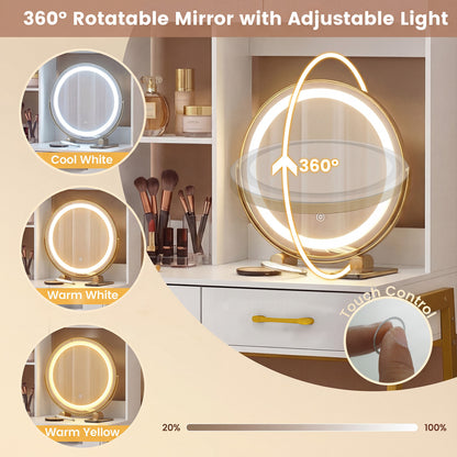 Coiffeuse Miroir Rotatif Lumières Table de Maquillage 3 Couleurs, Blanc