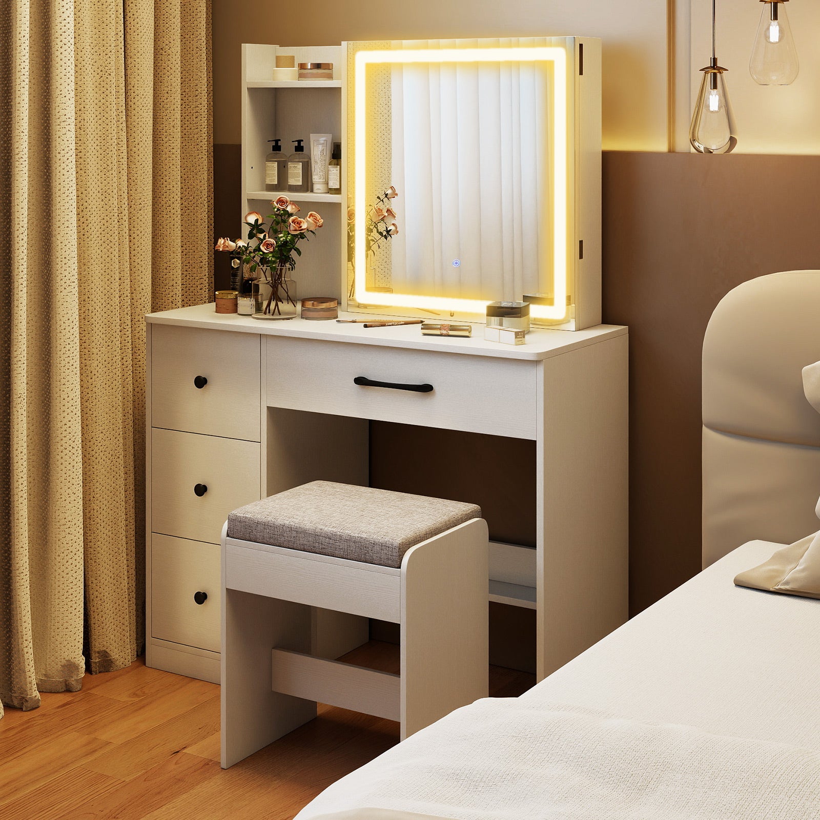 Vanity Desk with Sliding Mirror and Lights Makeup Table and Chair Set with 4 Drawers, White Makeup Vanities at Gallery Canada