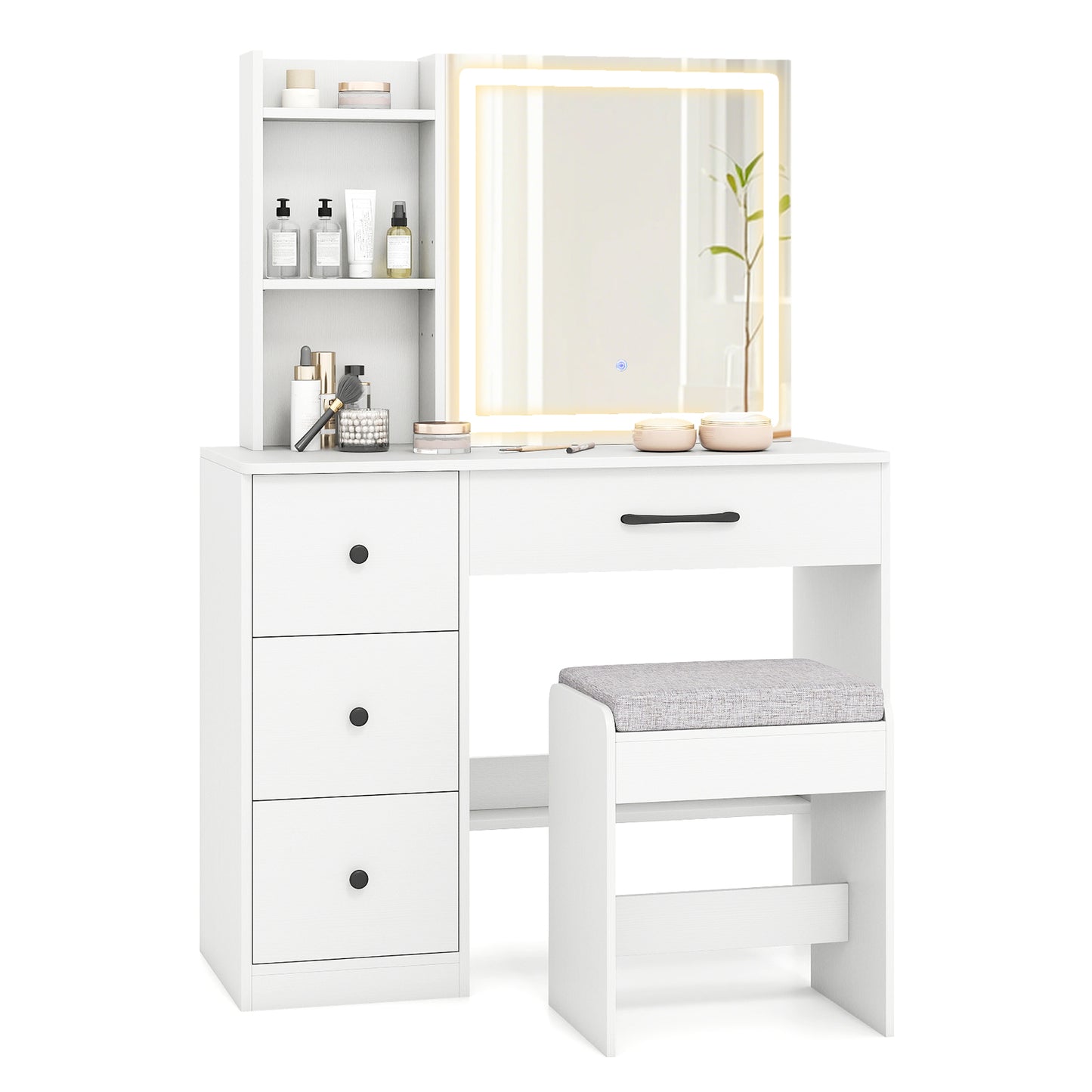 Vanity Desk with Sliding Mirror and Lights Makeup Table and Chair Set with 4 Drawers, White Makeup Vanities at Gallery Canada