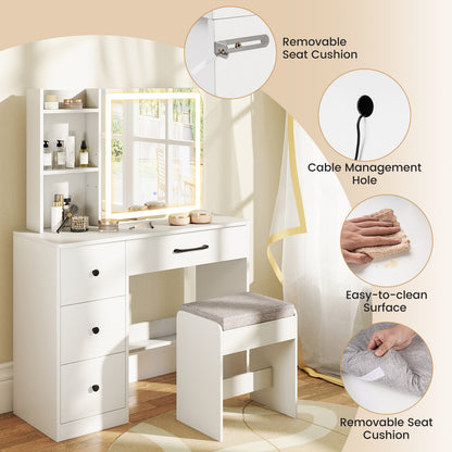 Vanity Desk with Sliding Mirror and Lights Makeup Table and Chair Set with 4 Drawers, White Makeup Vanities at Gallery Canada