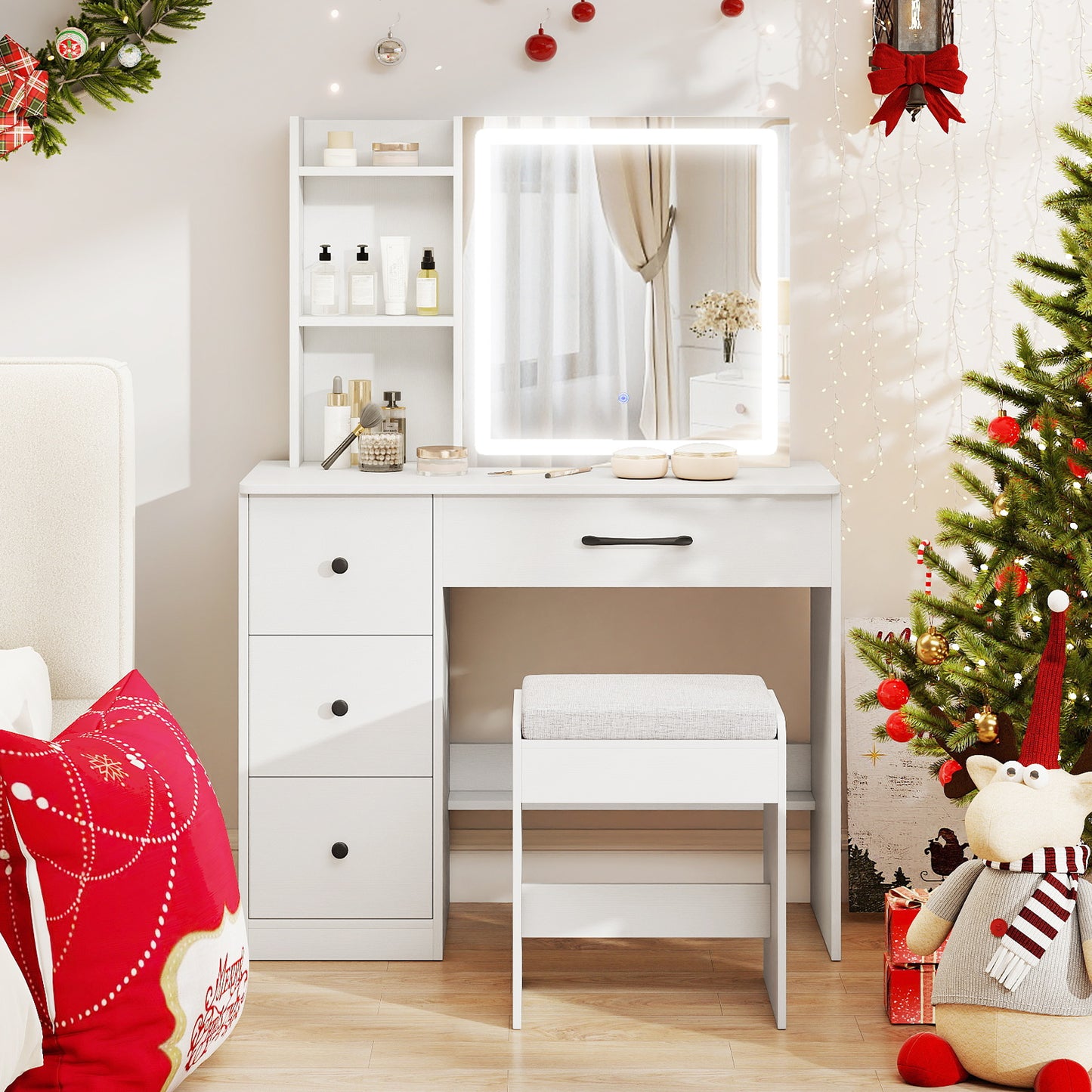 Vanity Desk with Sliding Mirror and Lights Makeup Table and Chair Set with 4 Drawers, White Makeup Vanities at Gallery Canada