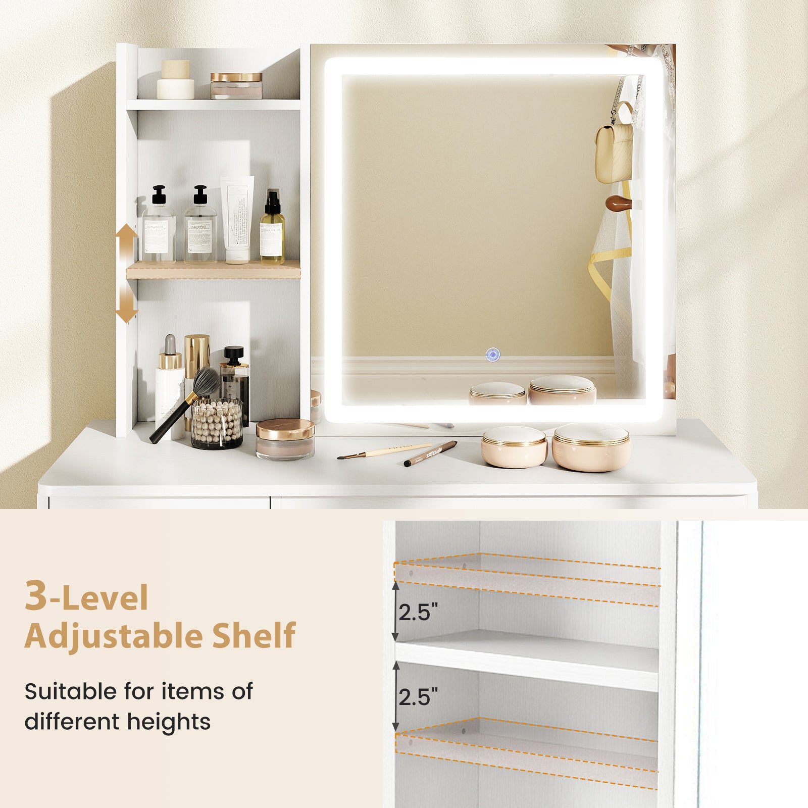 Vanity Desk with Sliding Mirror and Lights Makeup Table and Chair Set with 4 Drawers, White Makeup Vanities at Gallery Canada