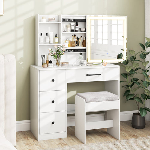 Vanity Desk with Sliding Mirror and Lights Makeup Table and Chair Set with 4 Drawers, White