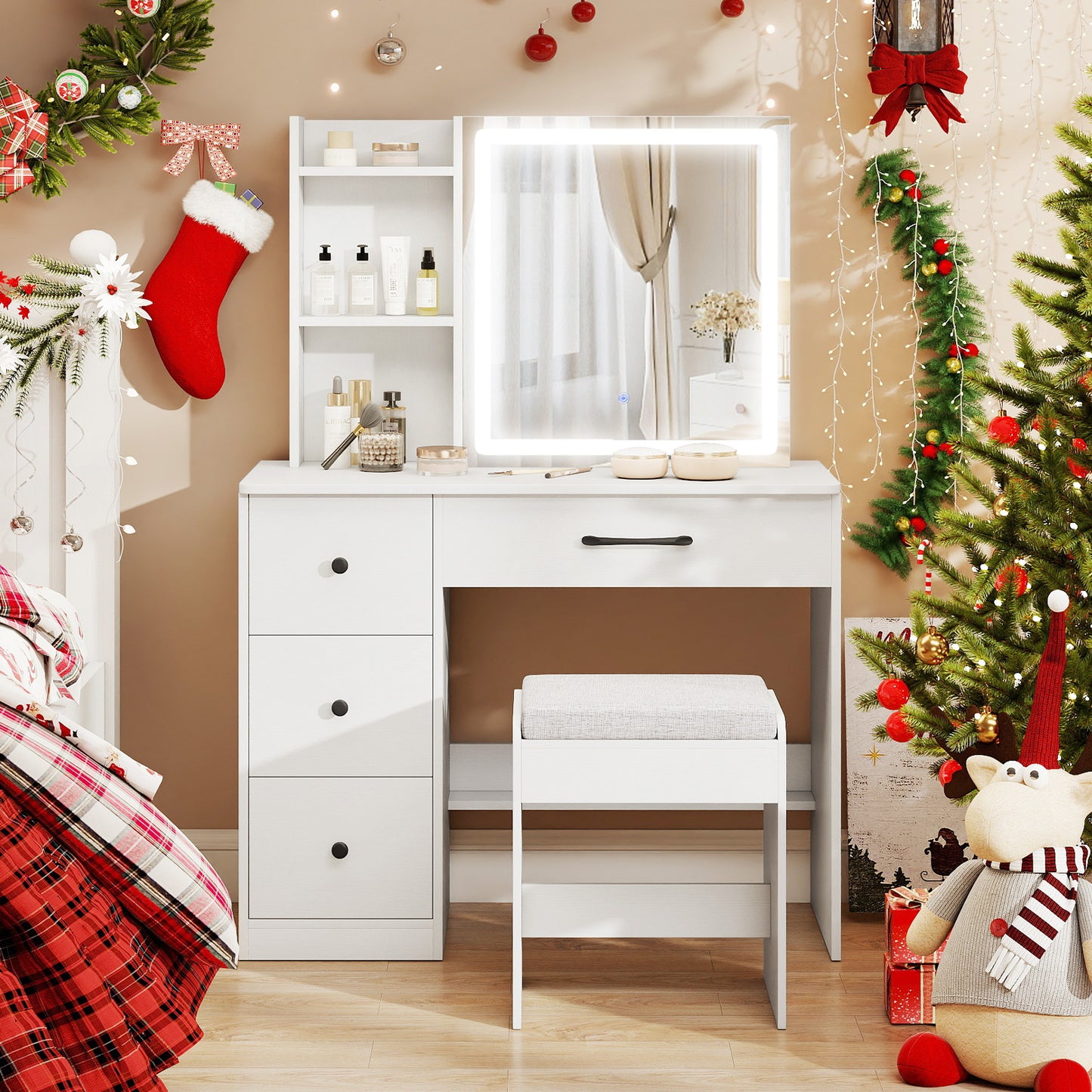 Vanity Desk with Sliding Mirror and Lights Makeup Table and Chair Set with 4 Drawers, White Makeup Vanities at Gallery Canada