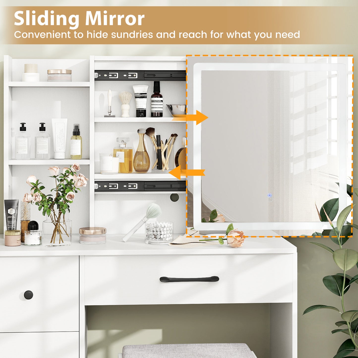 Vanity Desk with Sliding Mirror and Lights Makeup Table and Chair Set with 4 Drawers, White Makeup Vanities at Gallery Canada