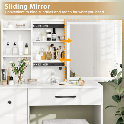 Vanity Desk with Sliding Mirror and Lights Makeup Table and Chair Set with 4 Drawers, White Makeup Vanities at Gallery Canada