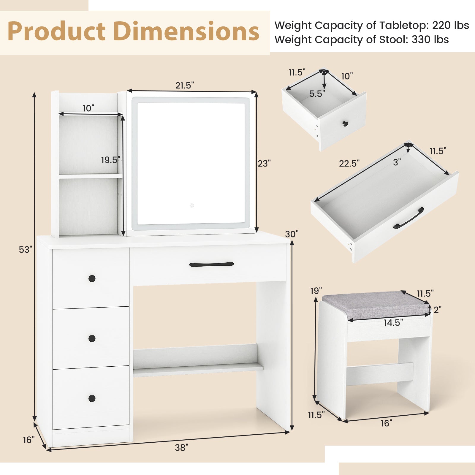 Vanity Desk with Sliding Mirror and Lights Makeup Table and Chair Set with 4 Drawers, White Makeup Vanities at Gallery Canada
