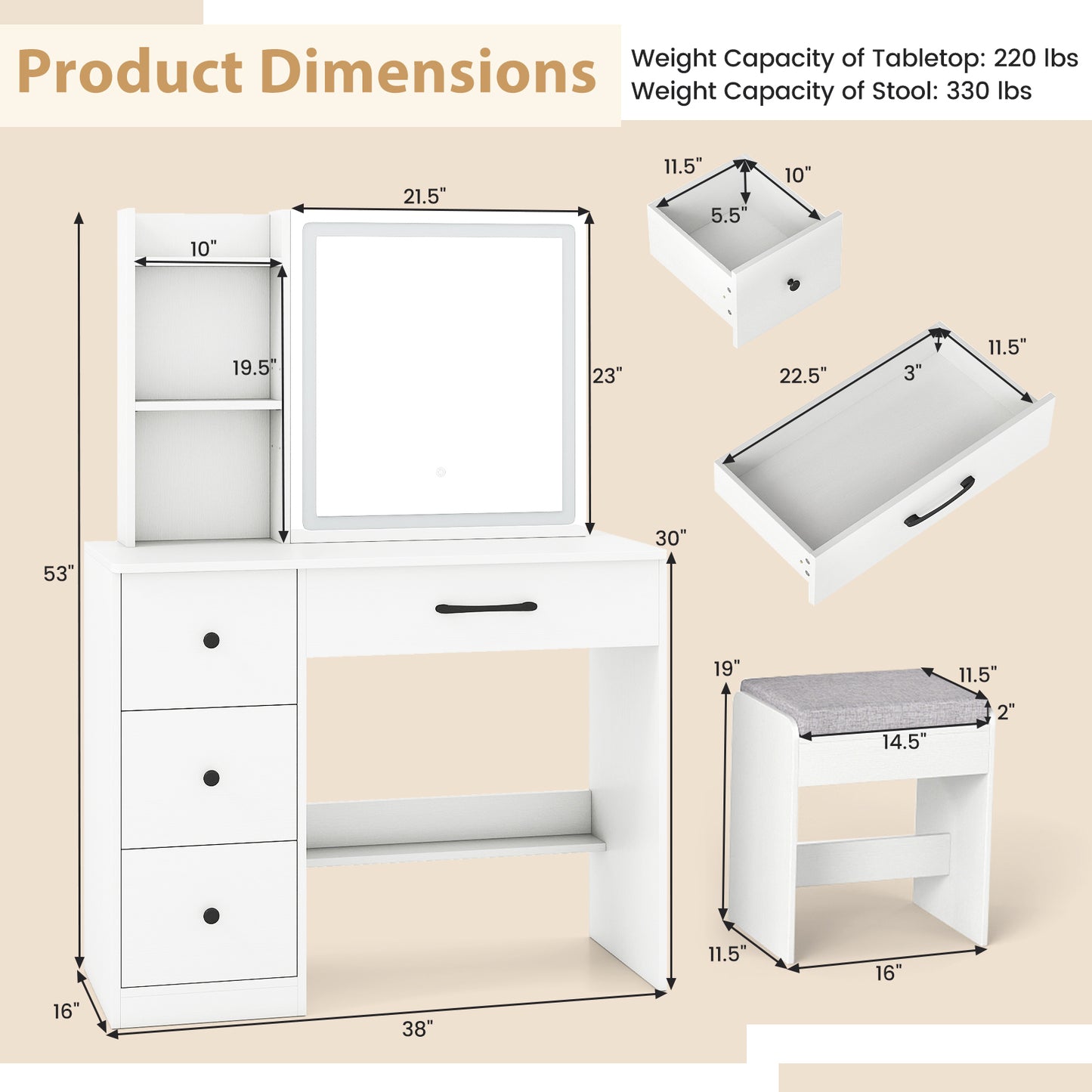 Vanity Desk with Sliding Mirror and Lights Makeup Table and Chair Set with 4 Drawers, White Makeup Vanities at Gallery Canada