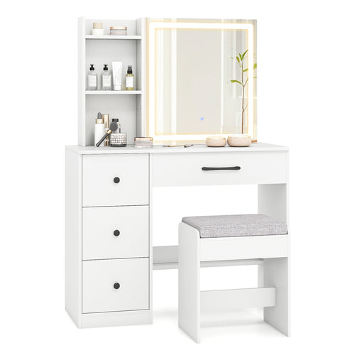 Vanity Desk with Sliding Mirror and Lights Makeup Table and Chair Set with 4 Drawers, White