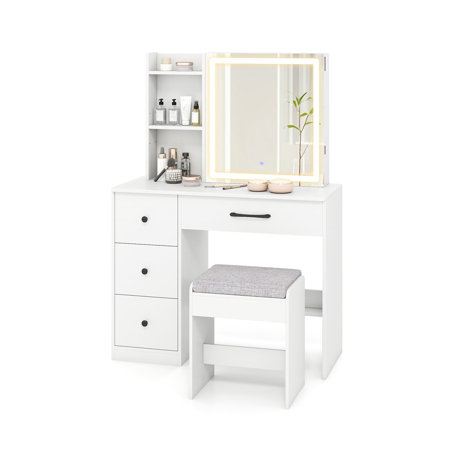 Vanity Desk with Sliding Mirror and Lights Makeup Table and Chair Set with 4 Drawers, White Makeup Vanities at Gallery Canada