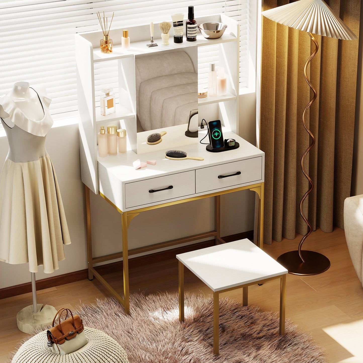 Vanity Desk with Storage Drawers and Charging Station, White Makeup Vanities at Gallery Canada