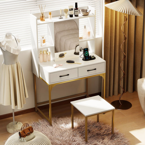 Vanity Desk with Storage Drawers and Charging Station, White