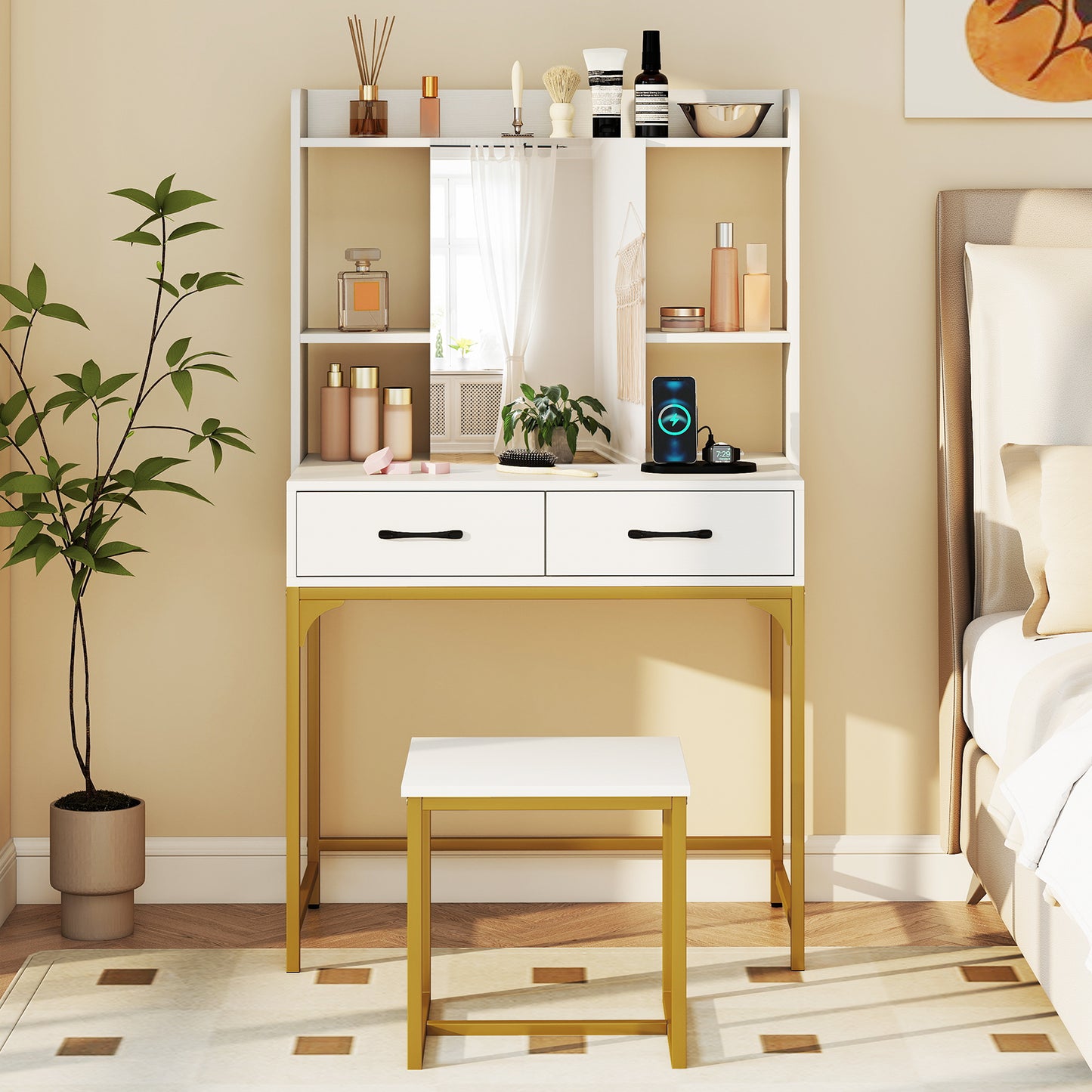 Vanity Desk with Storage Drawers and Charging Station, White Makeup Vanities at Gallery Canada