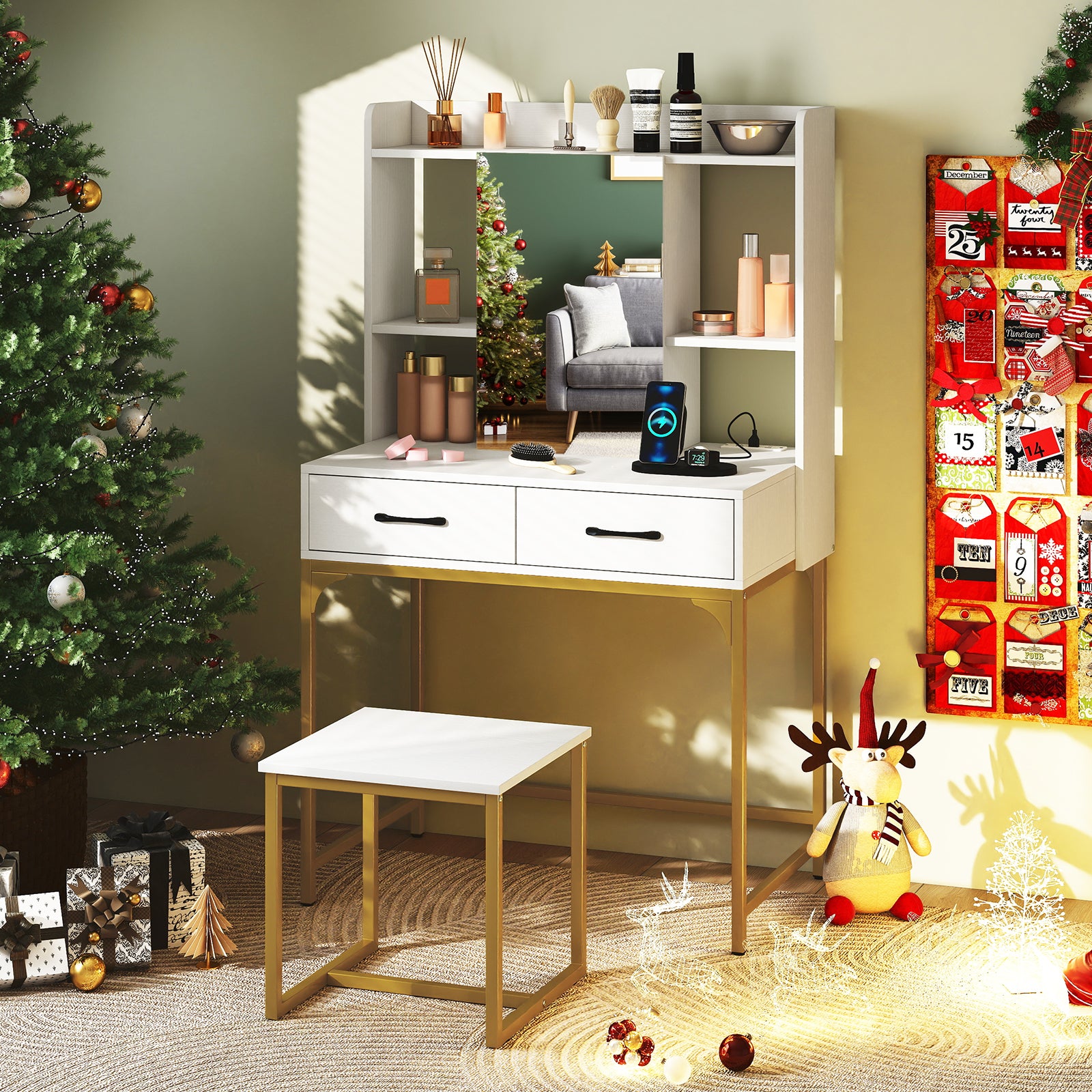 Vanity Desk with Storage Drawers and Charging Station, White Makeup Vanities at Gallery Canada