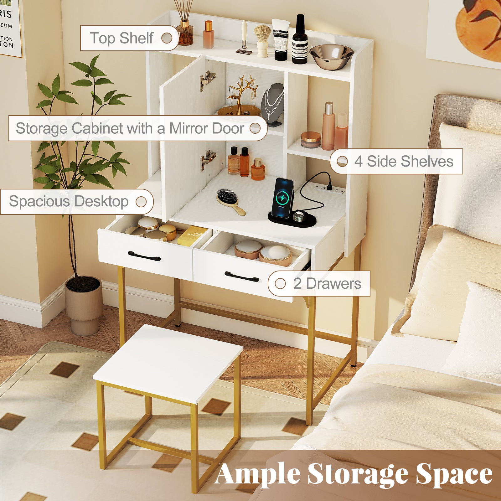 Vanity Desk with Storage Drawers and Charging Station, White Makeup Vanities at Gallery Canada