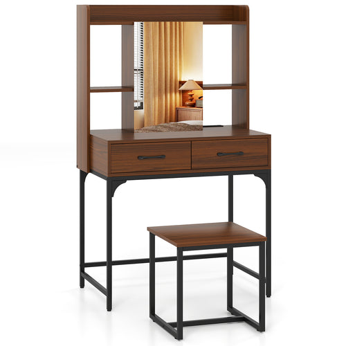 Vanity Desk With Storage Drawers, Charging Station, Walnut