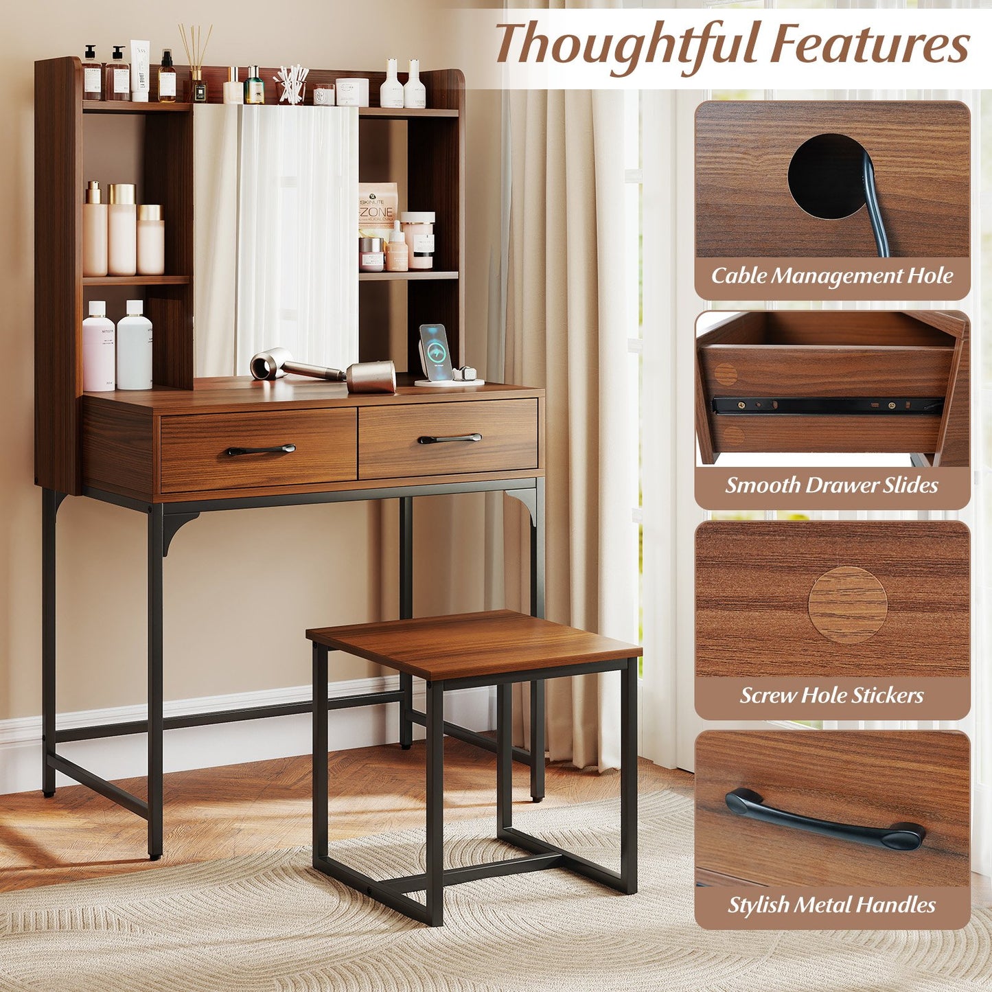 Vanity Desk with Storage Drawers and Charging Station, Walnut Makeup Vanities at Gallery Canada