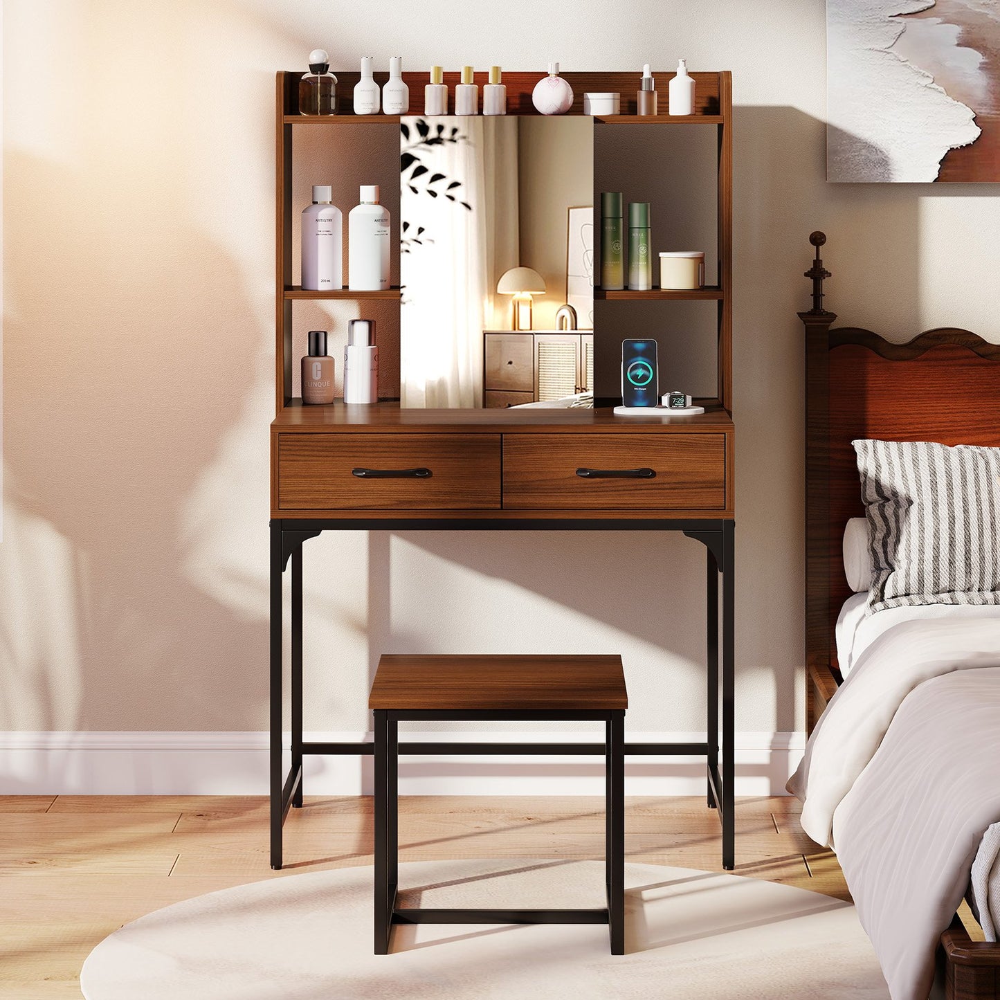 Vanity Desk with Storage Drawers and Charging Station, Walnut Makeup Vanities at Gallery Canada