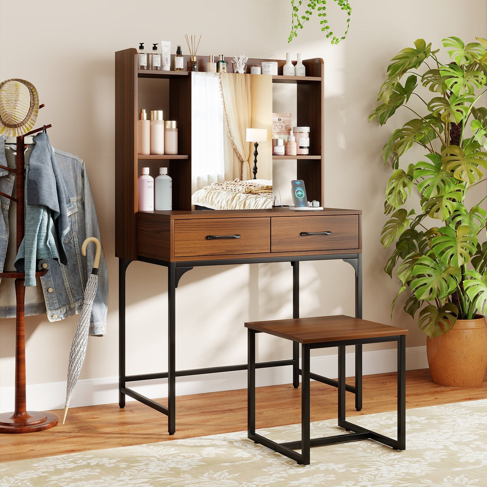 Vanity Desk with Storage Drawers and Charging Station, Walnut Makeup Vanities at Gallery Canada