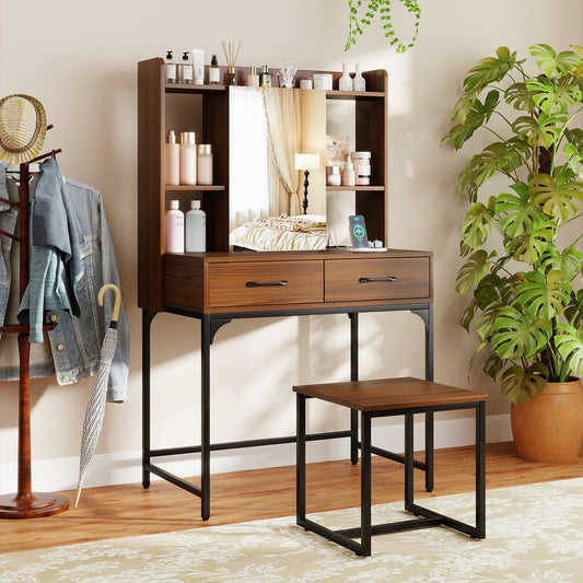 Vanity Desk with Storage Drawers and Charging Station, Walnut Makeup Vanities Walnut at Gallery Canada