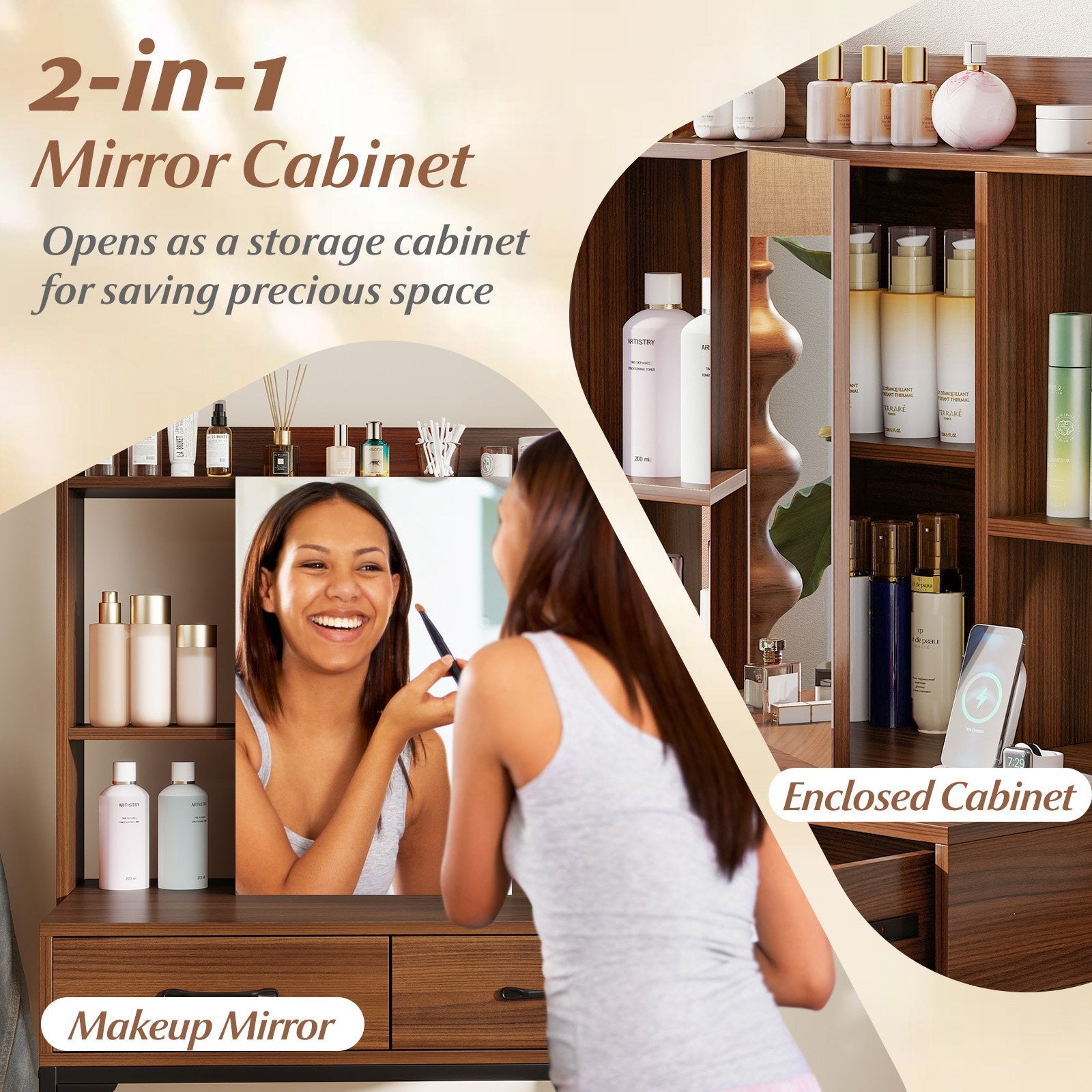 Vanity Desk with Storage Drawers and Charging Station, Walnut Makeup Vanities at Gallery Canada