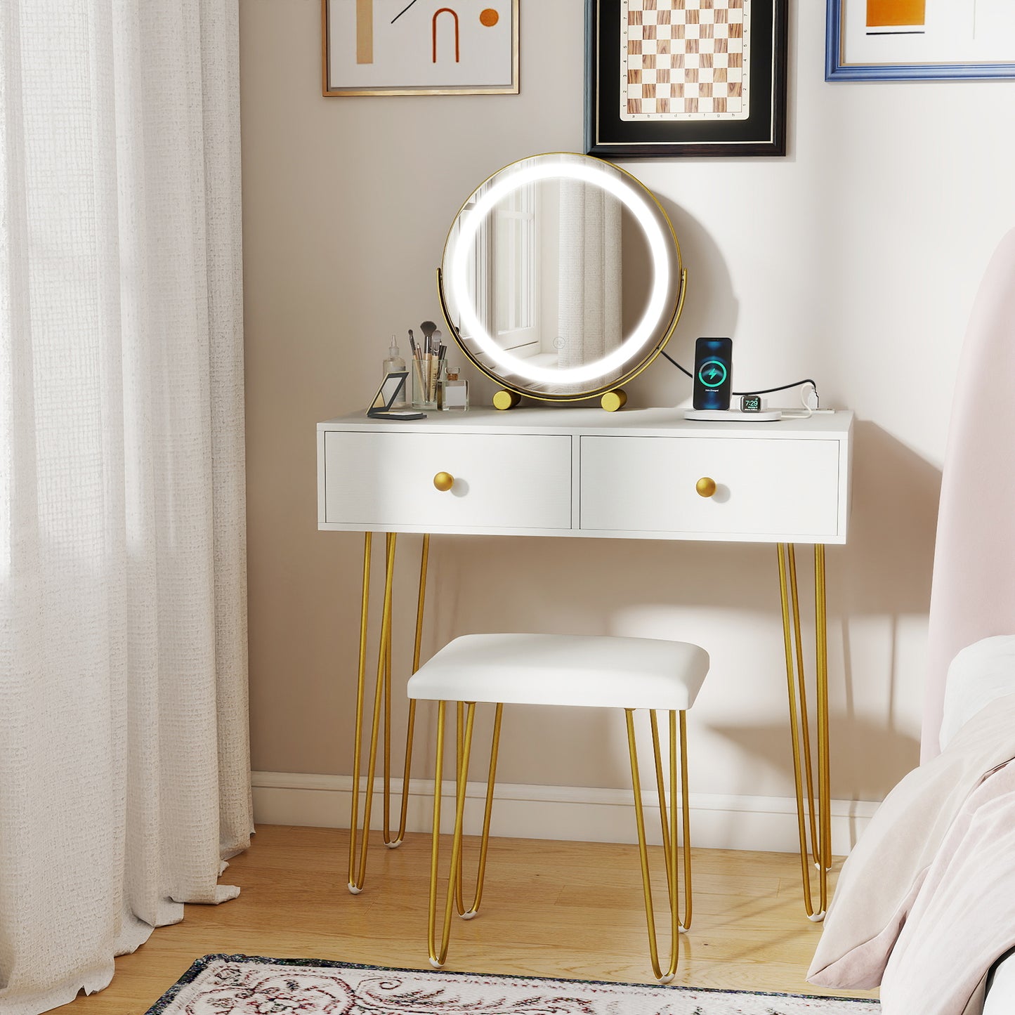 Vanity Desk with with Lighted Adjustable Mirror for Bedroom, White