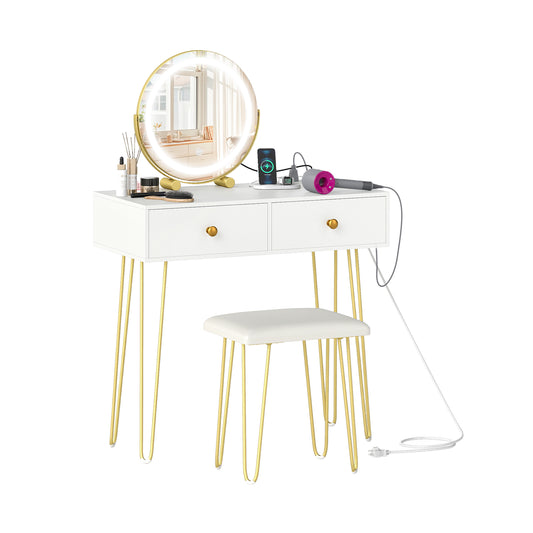 Vanity Desk with with Lighted Adjustable Mirror for Bedroom, White