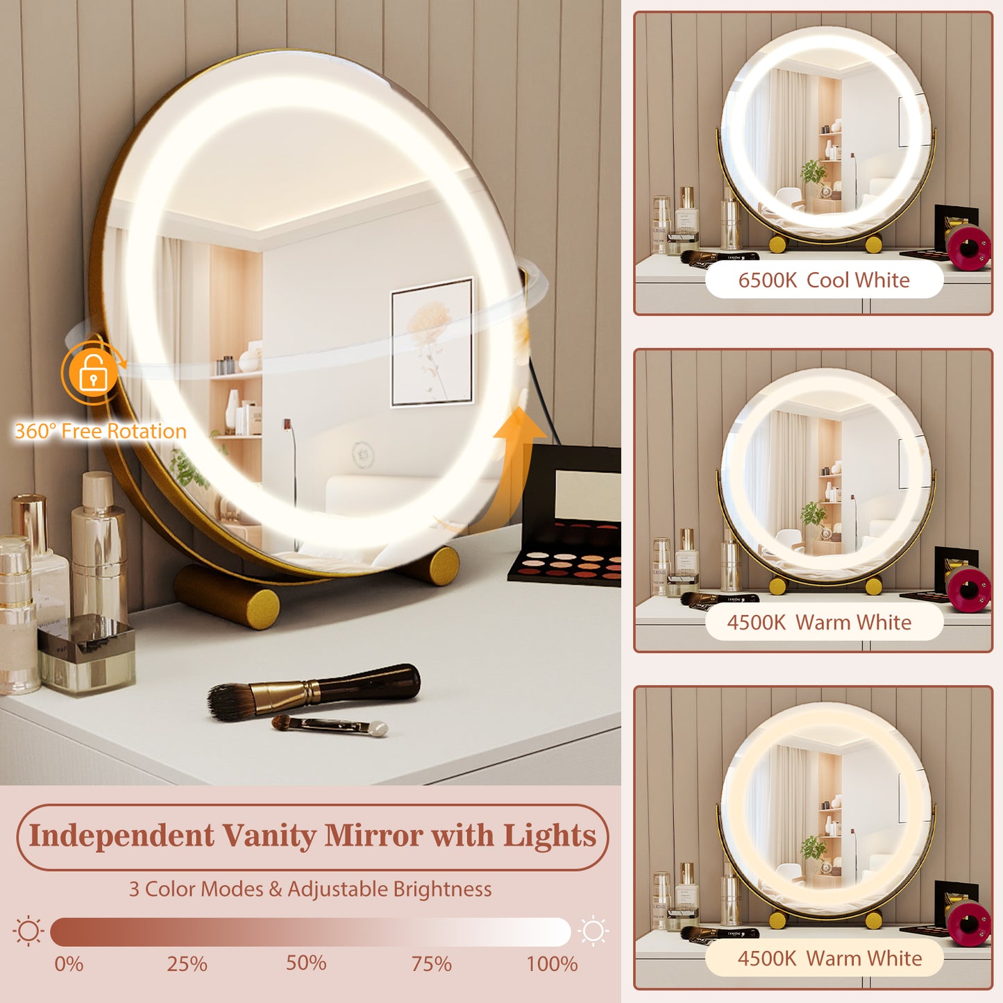 Vanity Desk with with Lighted Adjustable Mirror for Bedroom, White