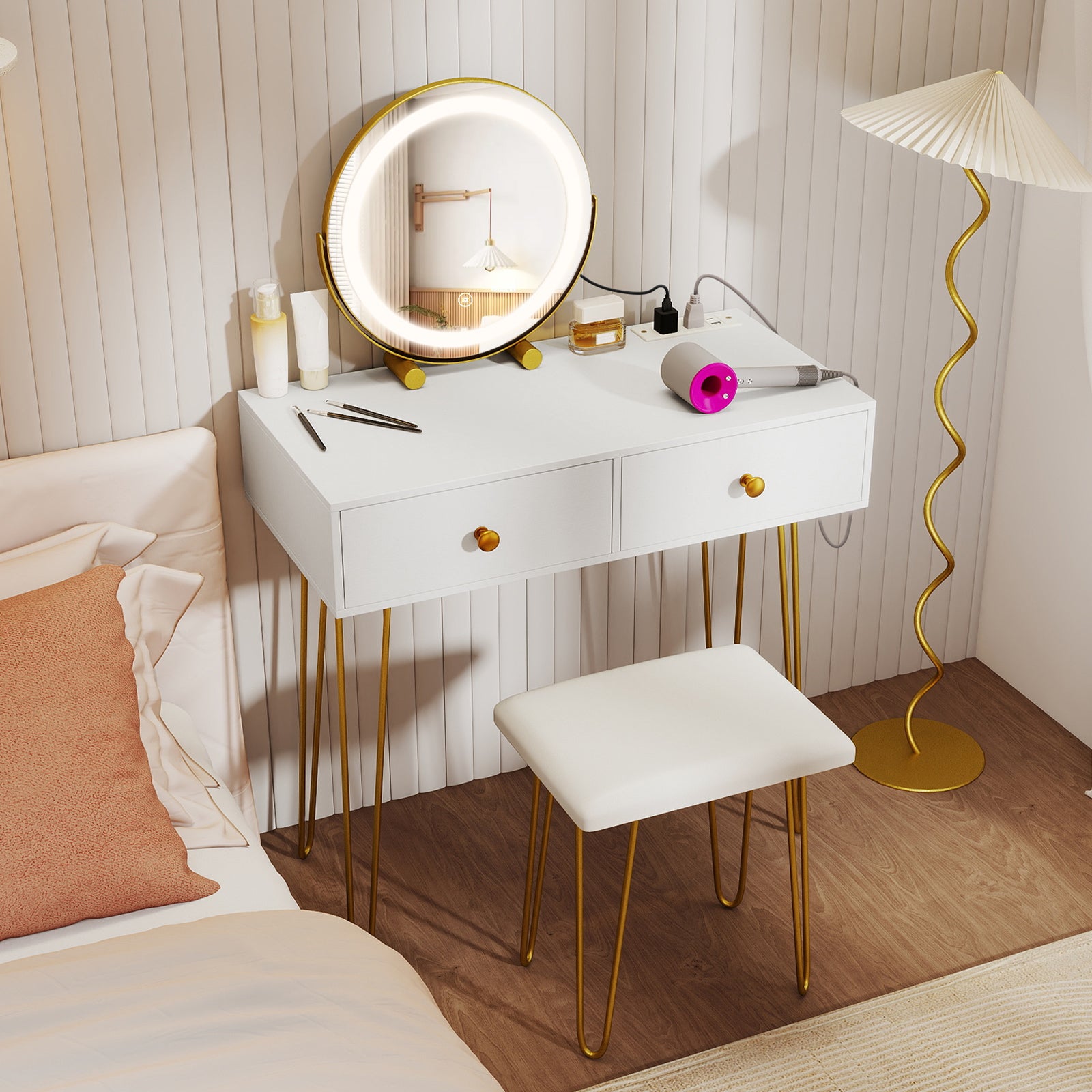 Vanity Desk with with Lighted Adjustable Mirror for Bedroom, White Makeup Vanities at Gallery Canada