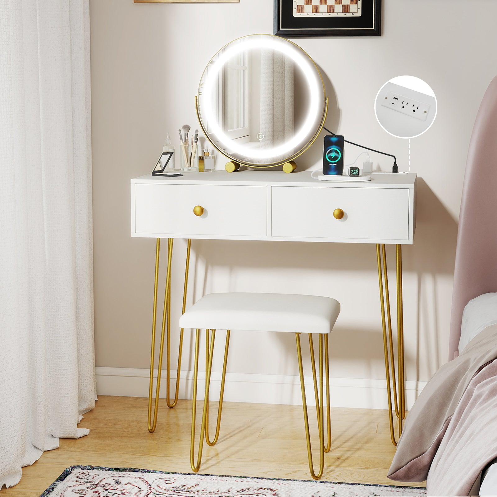 Vanity Desk with with Lighted Adjustable Mirror for Bedroom, White Makeup Vanities at Gallery Canada