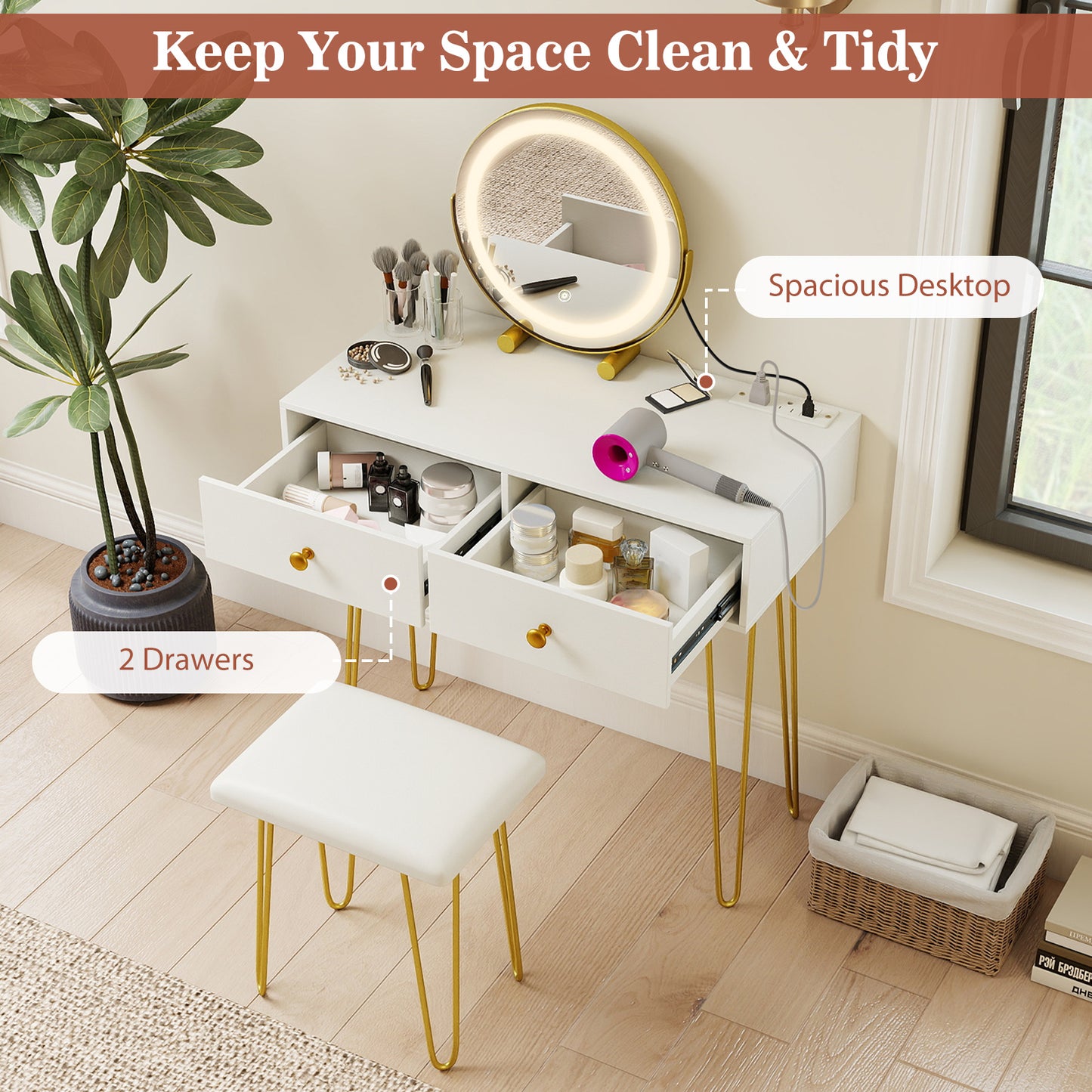Vanity Desk with with Lighted Adjustable Mirror for Bedroom, White Makeup Vanities at Gallery Canada