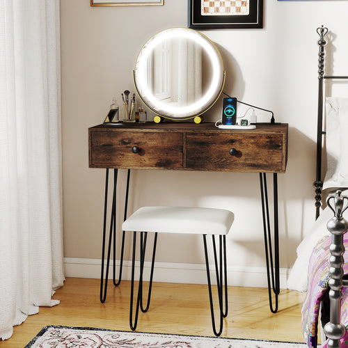 Vanity Desk with with Lighted Adjustable Mirror for Bedroom, Rustic Brown