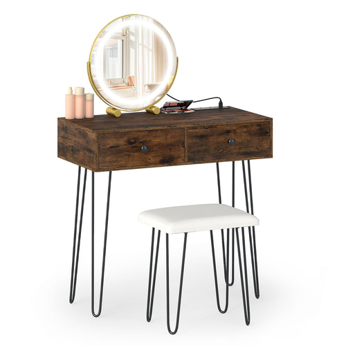 Vanity Desk with with Lighted Adjustable Mirror for Bedroom, Rustic Brown