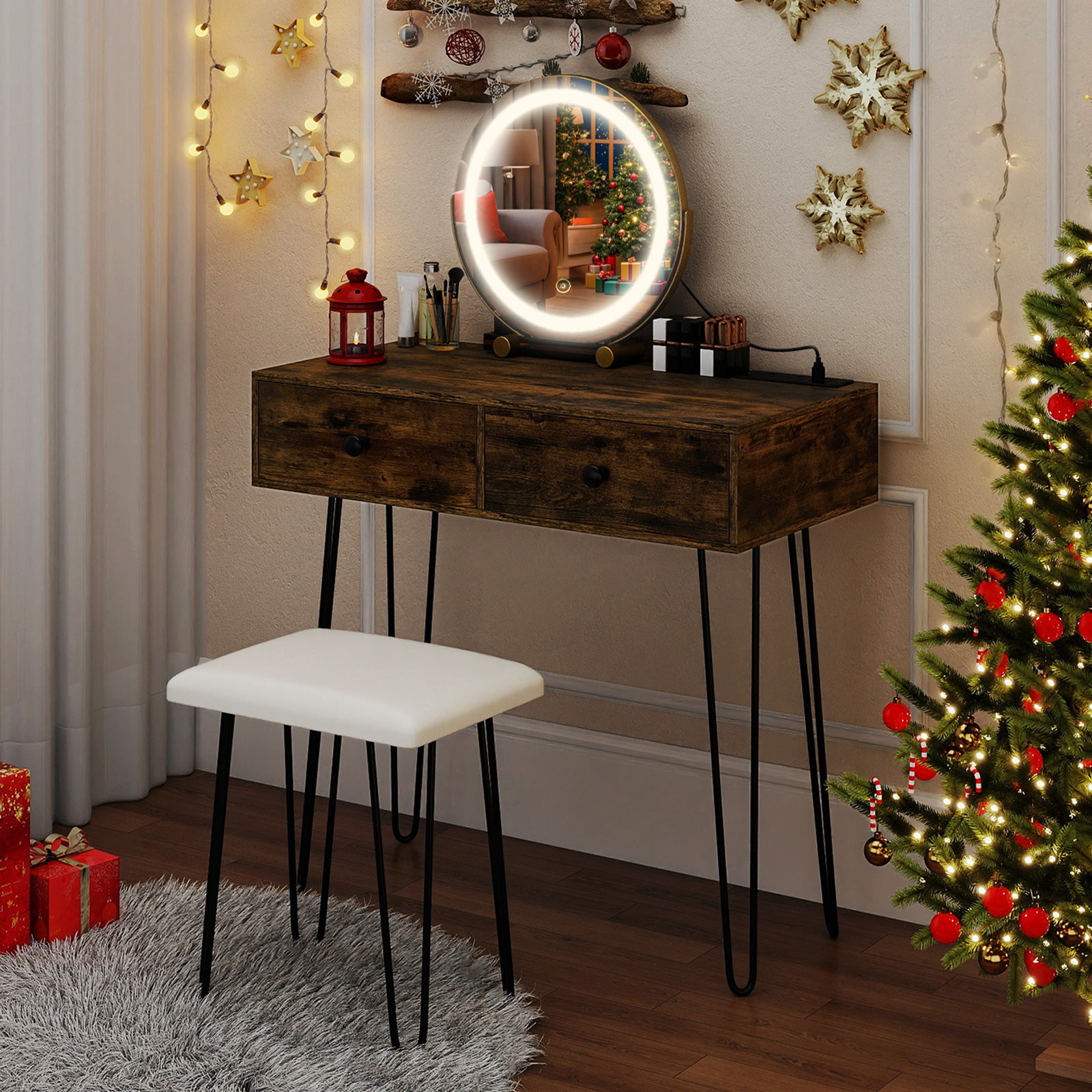Vanity Desk with with Lighted Adjustable Mirror for Bedroom, Rustic Brown Makeup Vanities at Gallery Canada