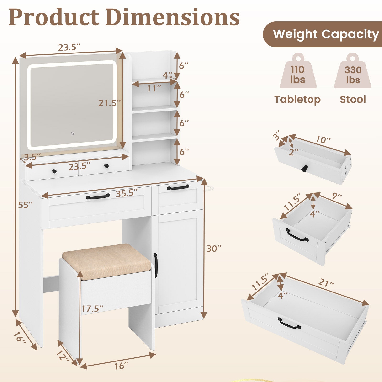 Vanity Set with Mirror and 3 Lighting Modes and Adjustable Brightness, White Makeup Vanities at Gallery Canada