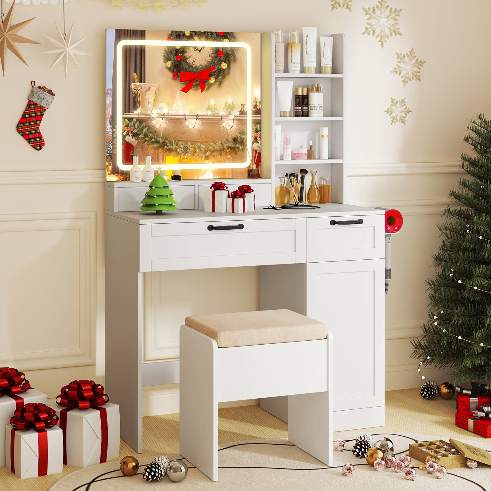 Vanity Set with Mirror and 3 Lighting Modes and Adjustable Brightness, White Makeup Vanities at Gallery Canada