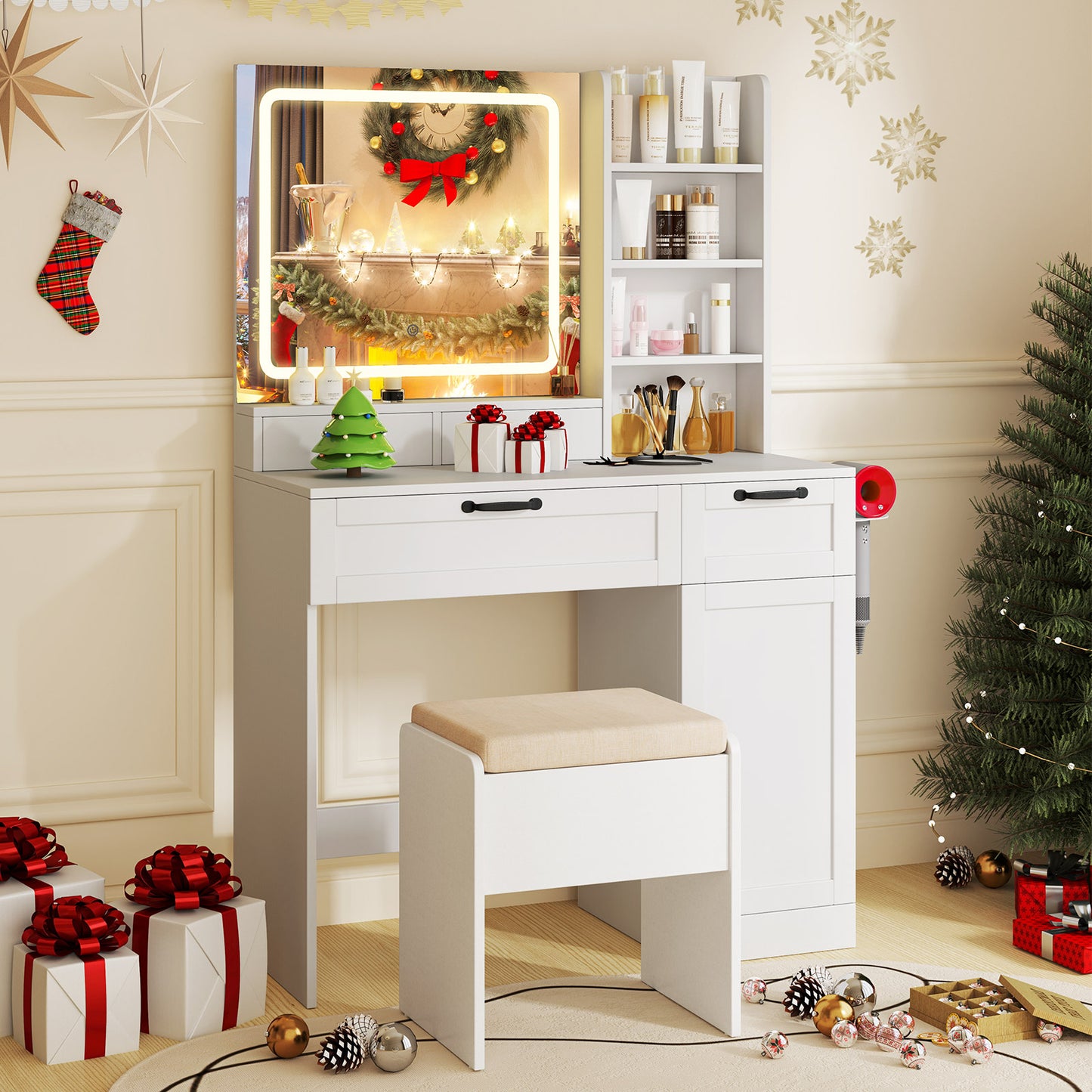 Vanity Set with Mirror and 3 Lighting Modes and Adjustable Brightness, White Makeup Vanities at Gallery Canada