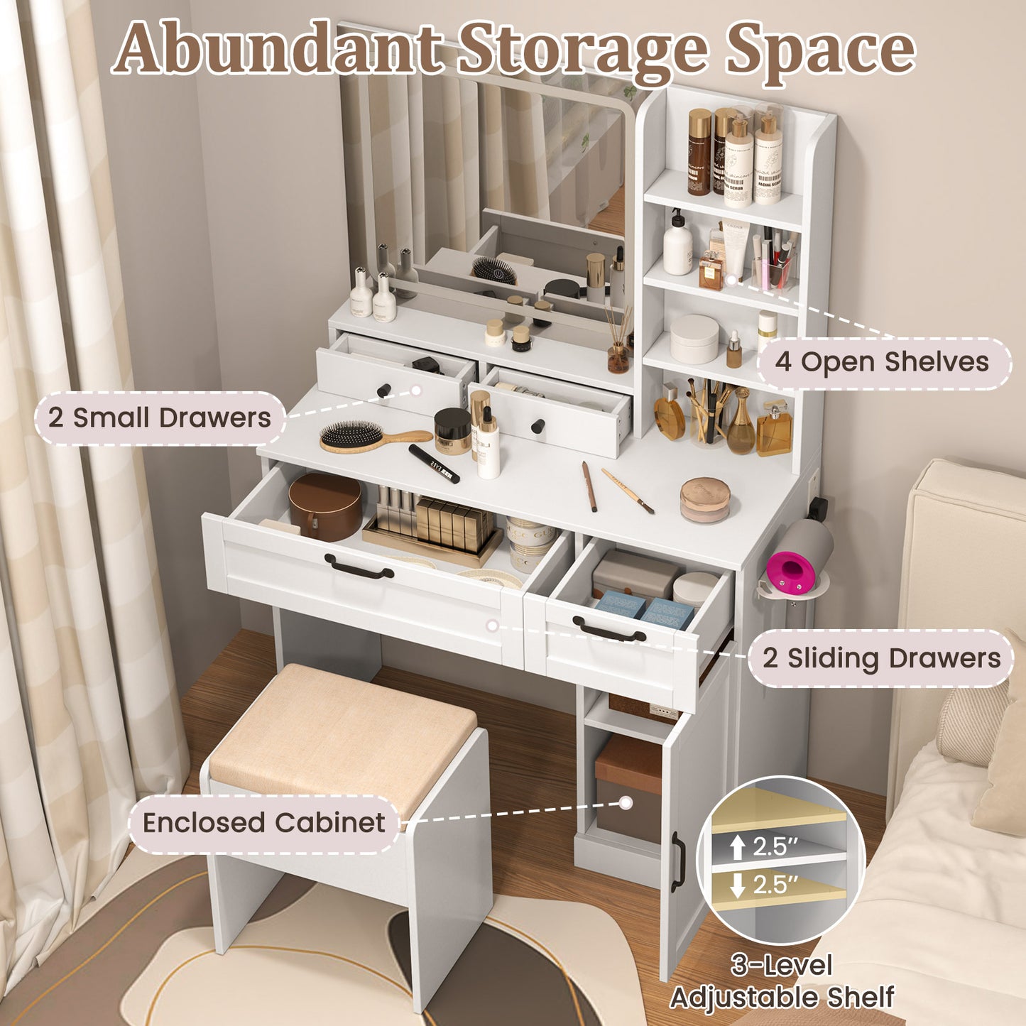 Vanity Set with Mirror and 3 Lighting Modes and Adjustable Brightness, White Makeup Vanities at Gallery Canada