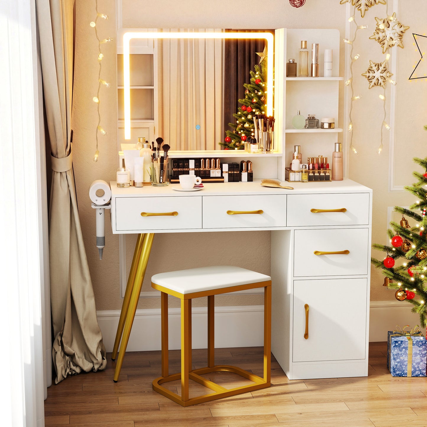 Vanity Set With Mirror, Lights, Adjustable Brightness, White Makeup Vanities at Gallery Canada