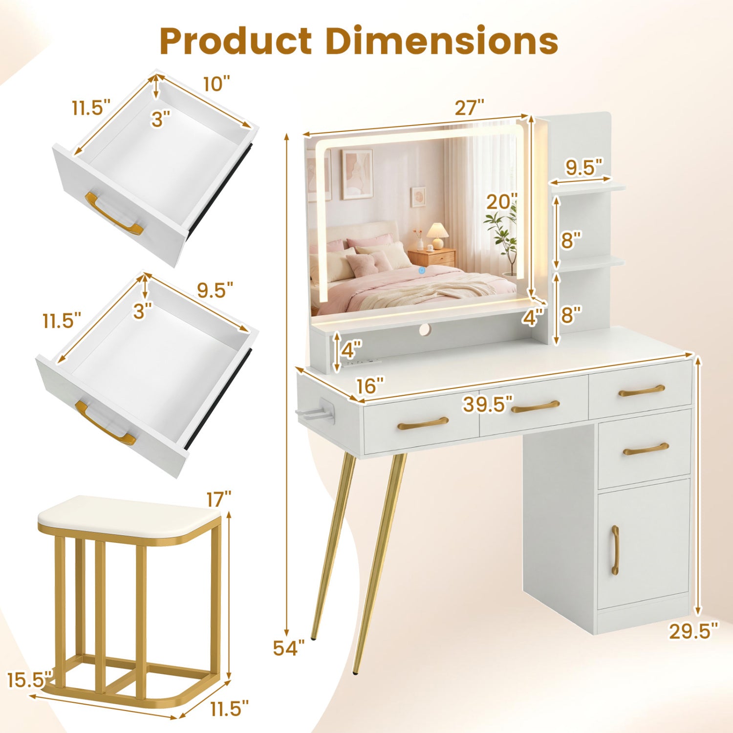 Vanity Set With Mirror, Lights, Adjustable Brightness, White Makeup Vanities at Gallery Canada