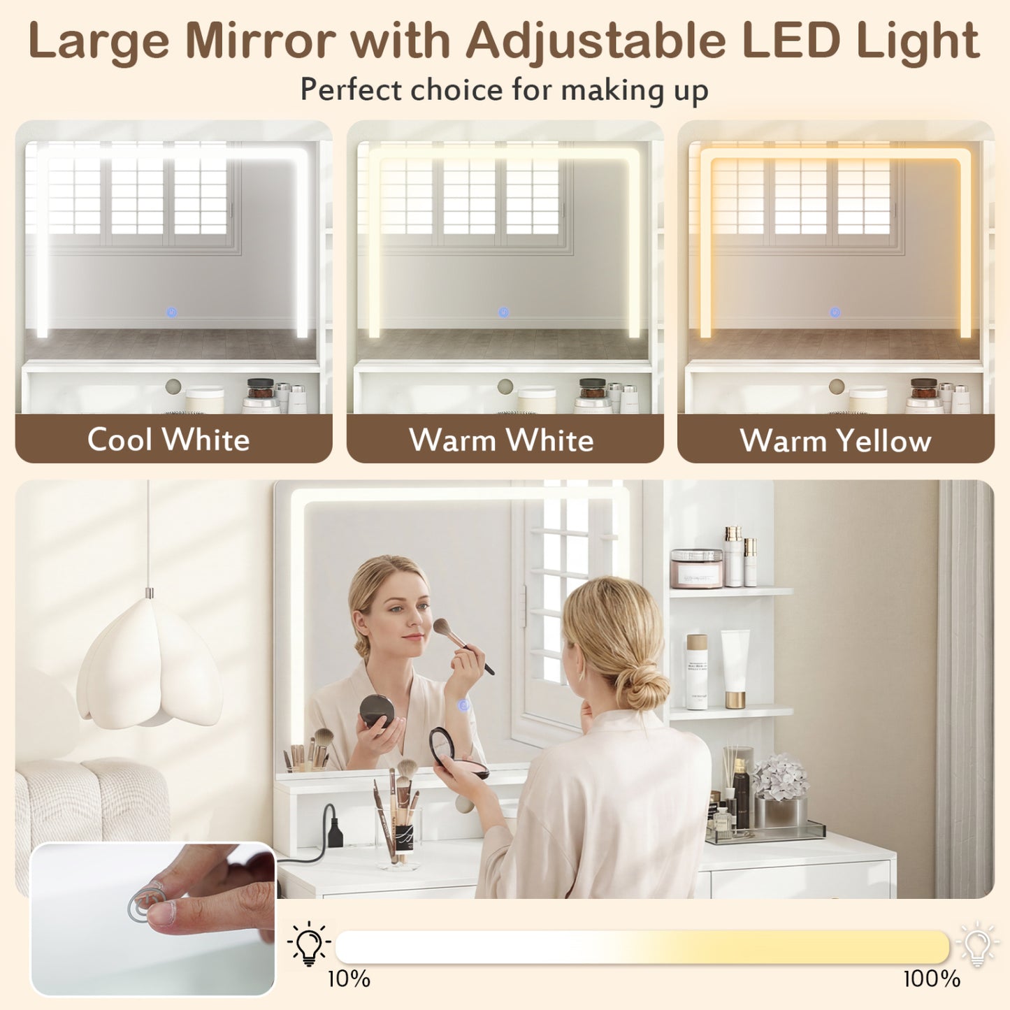 Vanity Set With Mirror, Lights, Adjustable Brightness, White Makeup Vanities at Gallery Canada