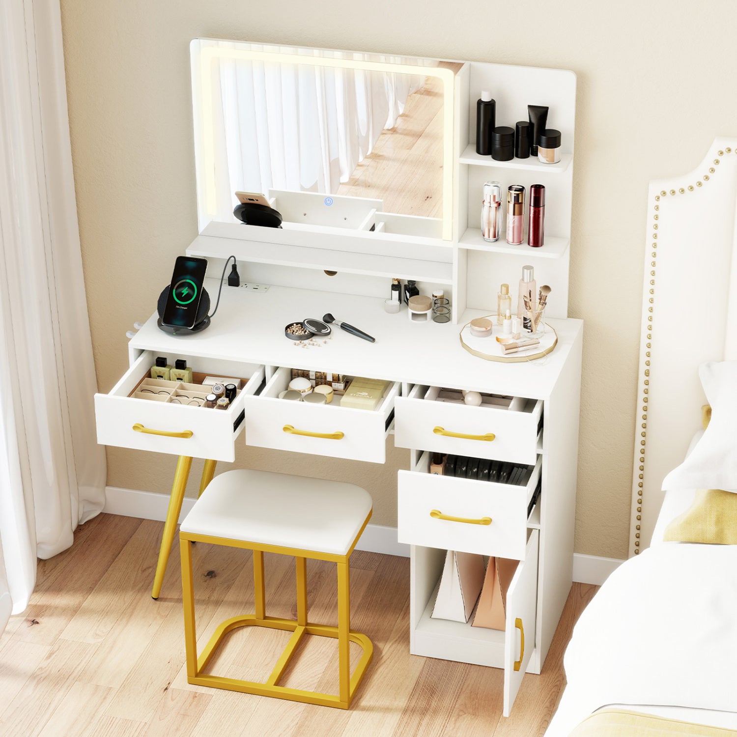 Vanity Set With Mirror, Lights, Adjustable Brightness, White Makeup Vanities at Gallery Canada
