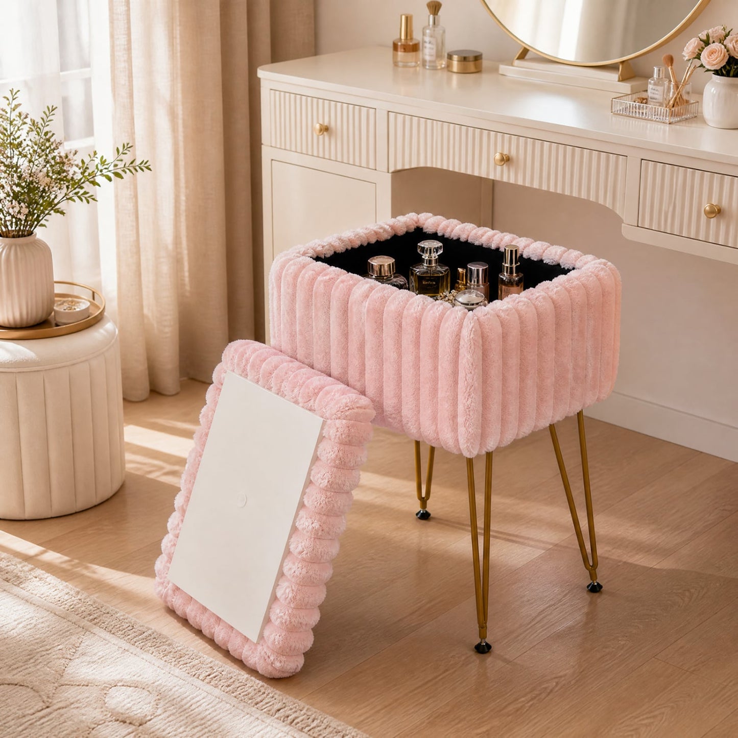 Tabouret de coiffure avec rangement, pouf en fausse fourrure, rose