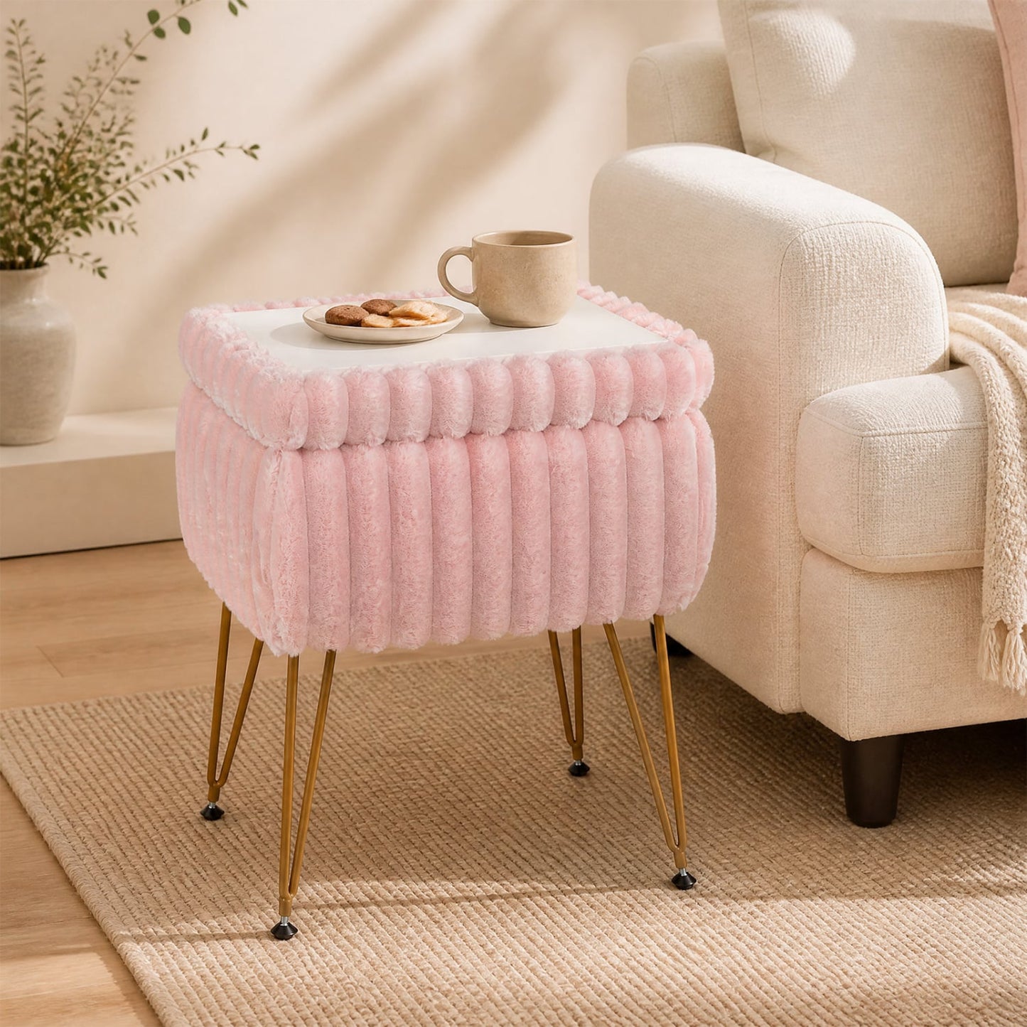 Tabouret de coiffure avec rangement, pouf en fausse fourrure, rose