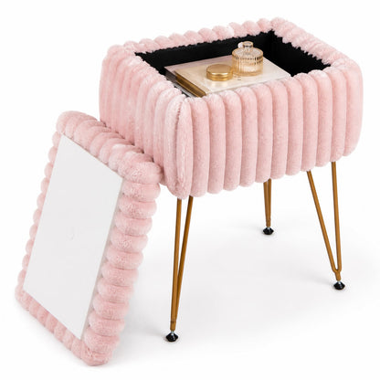 Tabouret de coiffure avec rangement, pouf en fausse fourrure, rose